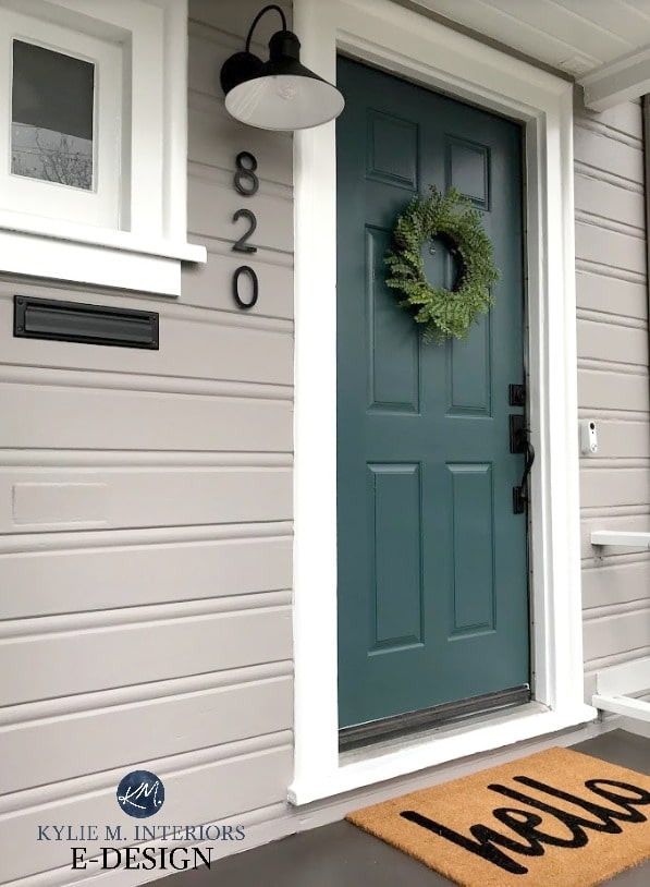Kylie M Interiors Edesign Exterior siding painted Sherwin Williams Polished Concrete with Pure White trim, Still Water front door and Mink painted patio floor.