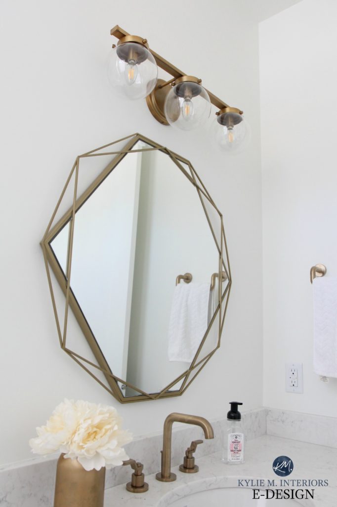 Kylie M Interiors Edesign, powder room small bathroom with gold brass lighting, fixtures and mirror. Wayfair. LG Minuet quartz countertop. Online paint colour blog and advice