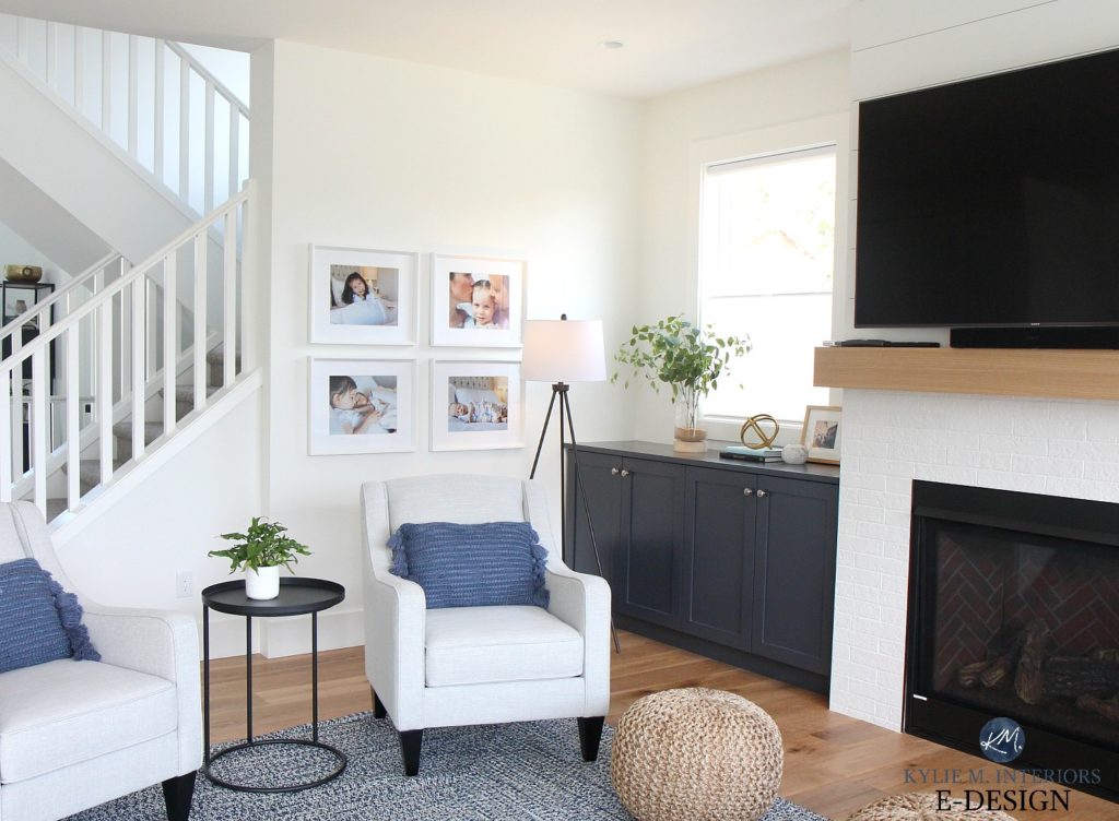 Kylie M Interiors Edesign. Living room, shiplap, fake painted white brick fireplace, navy blue built in cabinets, wood mantel, gallery wall and home decor. Online Paint colour consulting (2)