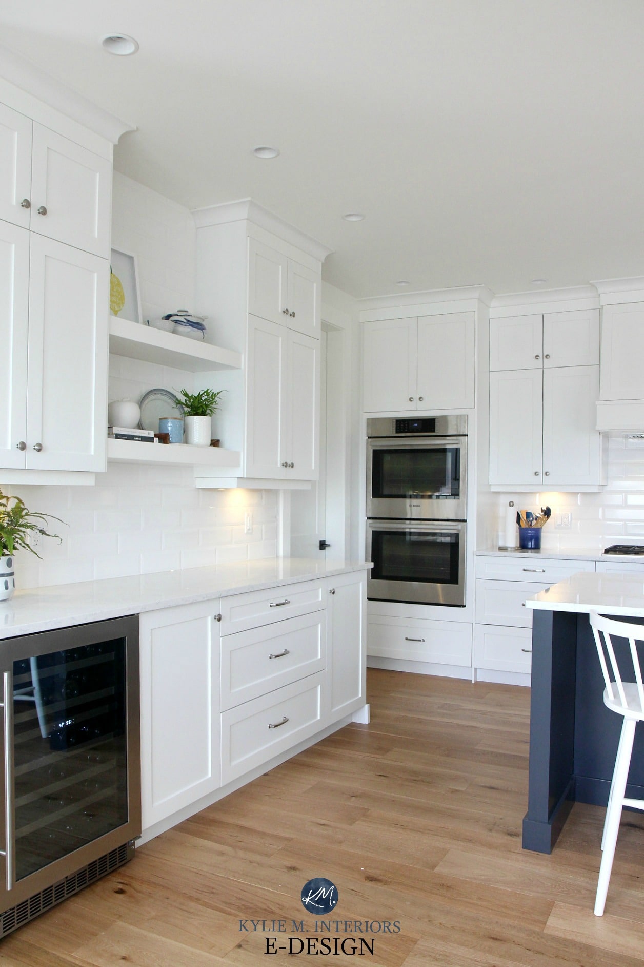 Kylie M Interiors Edesign. Pure White kitchen cabinets, white oak