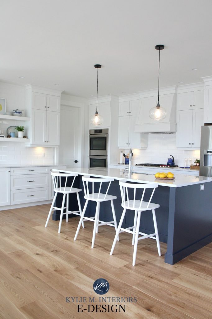 White Kitchen With Sw Pure, Light Tile Floors And White Cabinets