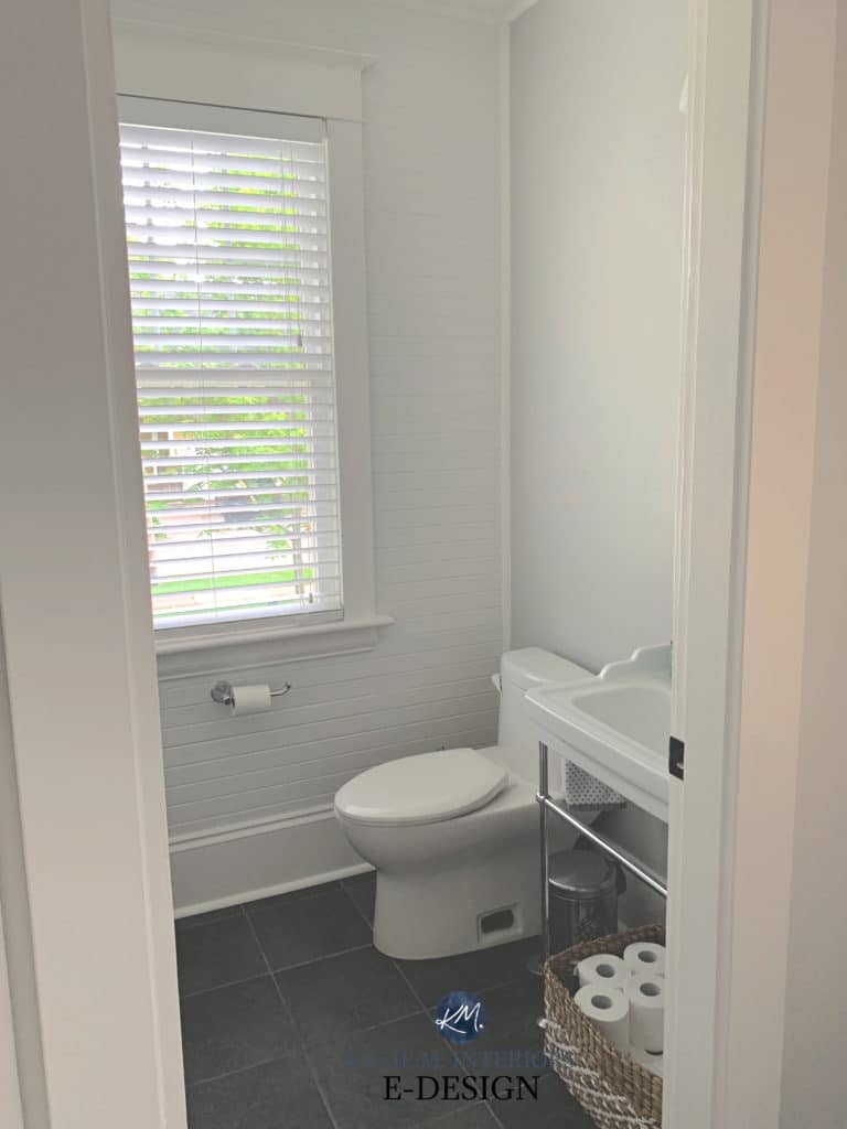 Sherwin Williams Big Chill, popular gray paint colour in small powder room, shiplap. Kylie M Interiors Edesign, virtual paint color consultant and diy blog (1)