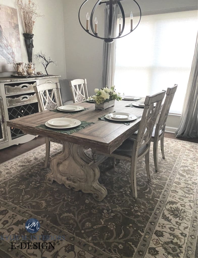 Sherwin Williams Gossamer Veil, warm gray or greige paint color. Farmhouse glazed dining room furniture. Kylie M Interiors Edesign, diy consultant and blog
