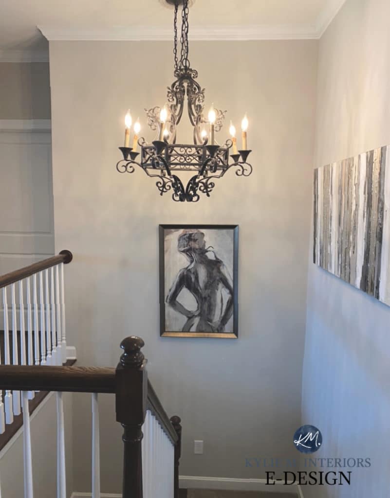 Staircase with best warm gray greige paint colour, Sherwin Williams Gossamer Veil. Kylie M Interiors Edesign, online paint consultant. DIY DESIGN AND DECOR