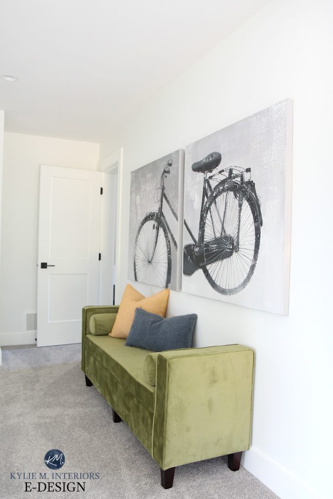 Warm gray, greige carpet, Pure White walls, trim and ceiling, large bike canvas, green bench. Kylie M Interiors Edesign, online paint colour advice and blog