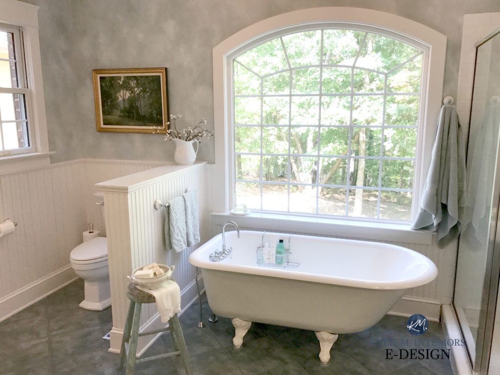 Bathroom with free standing antique tub and green floor tile with white beadboard. Kylie M INteriors Edesign