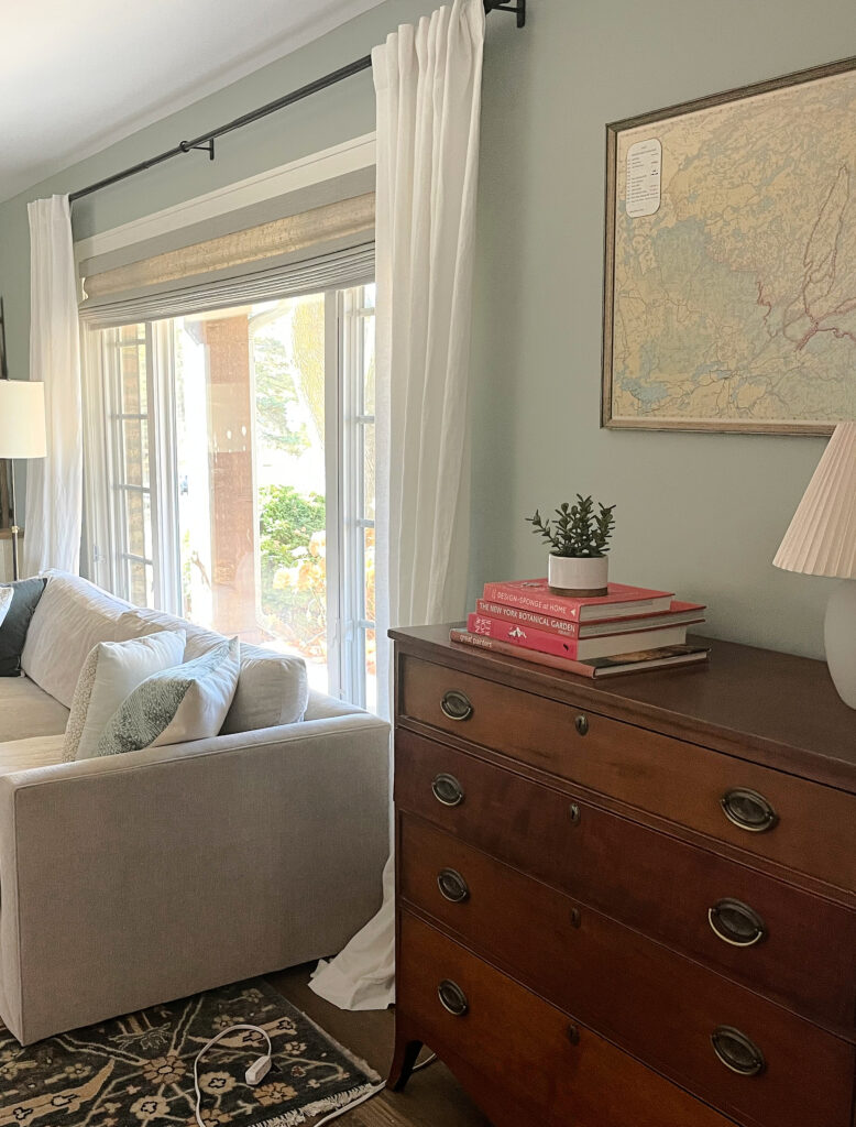 Benjamin Moore Imperial Gray best blue green gray paint colour, living room drapes, wood dresser and home decor. Kylie M Edesign client photo