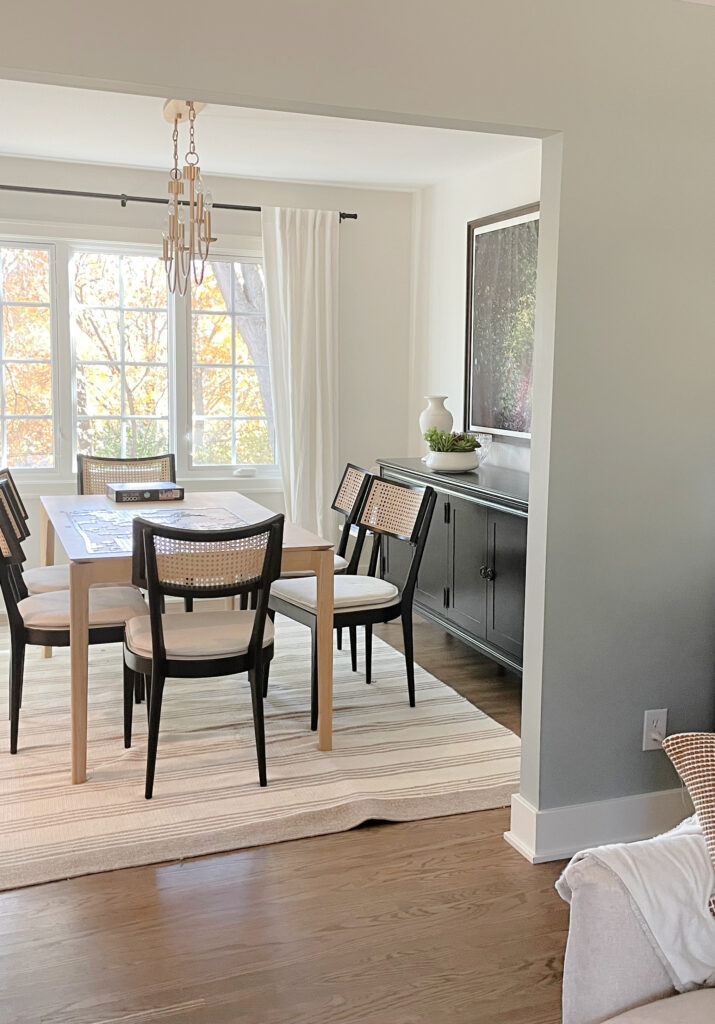 Benjamin Moore Imperial Gray, green-blue paint colour, Silver Satin, warm gray in dining room. Kylie M Edesign, client photo
