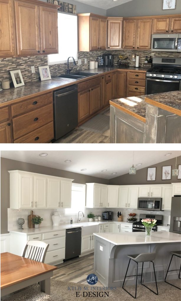 Oak kitchen before and after, painted cabinets in Benjamin Moore White Dove, Sherwin Dovetail and Keystone Gray. Kylie M Interiors Edesign, online paint color consulting advice
