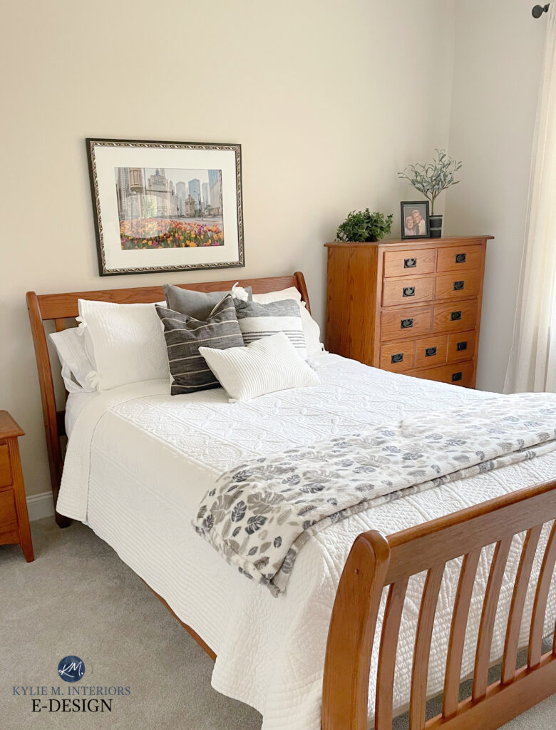 Sherwin Williams Natural LInen in room with wood furniture, beige taupe carpet. Kylie M Edesign