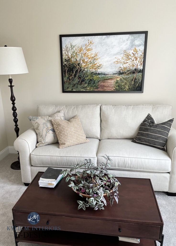 Sherwin Williams Natural Linen, best warm neutral beige paint colour, sofa and home decor in living room. Kylie M Edesign
