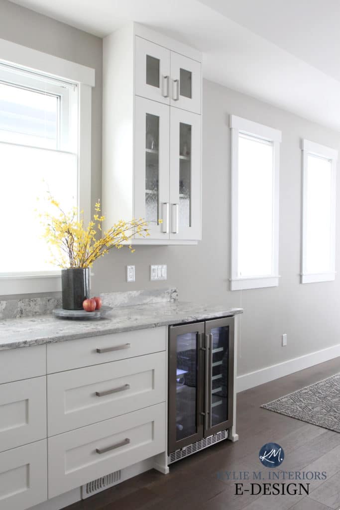 Sherwin Williams Colonnade Gray, best warm grey paint color. Cambria Summerhill quartz countertop. White cabinets. Kylie M Interiors Edesign, diy decorating blogger