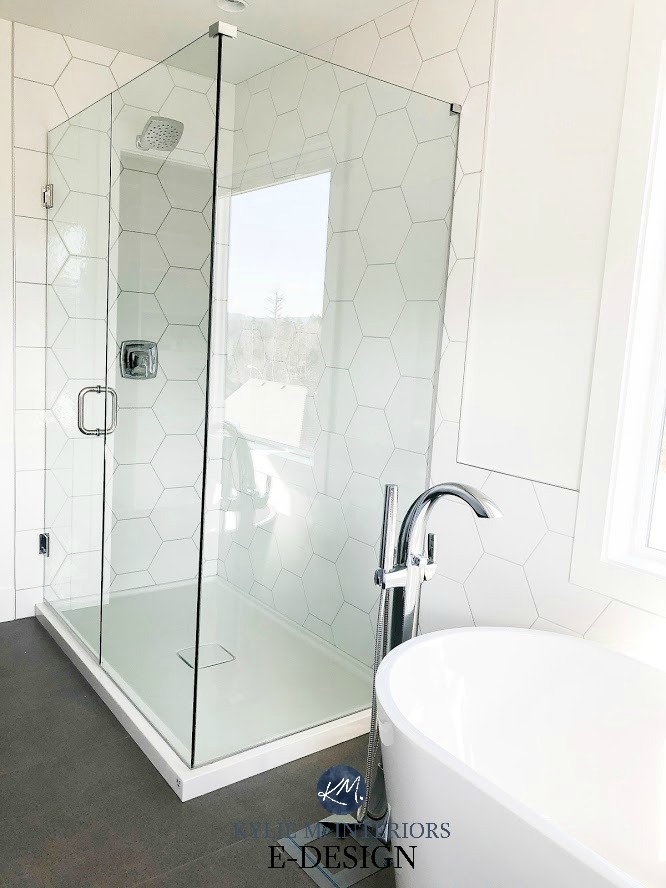Bathroom walk in shower, fibreglass floor, white hexagon tile walls, Pure White paint colour. Best online Edesign by Kylie M INteriors, diy decorating and design ideas