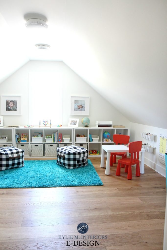 Kids playroom ideas above garage Ikea Kallax and Expedit shelving baskets. Teal, red and buffalo check accents with white walls. Kylie M Interiors Edesign,