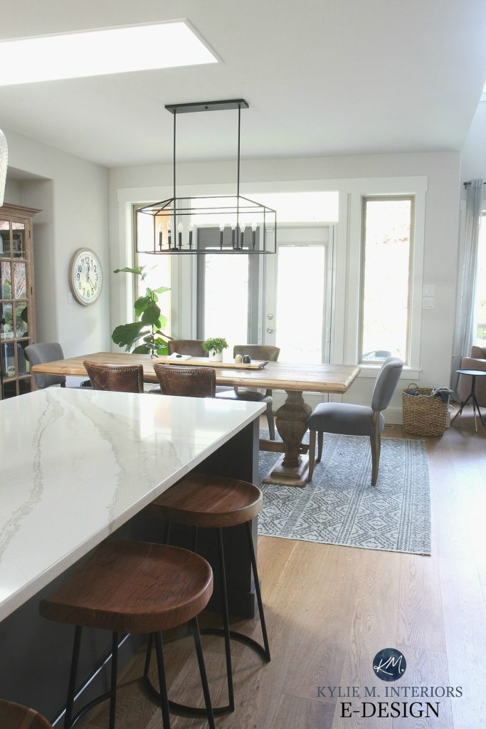 Kylie M Interiors Edesign. Open concept, Cambria Brittanica Warm countertop, greige walls, painted cabinets, modern farmhouse, white oak. DIY Decorating and design blog