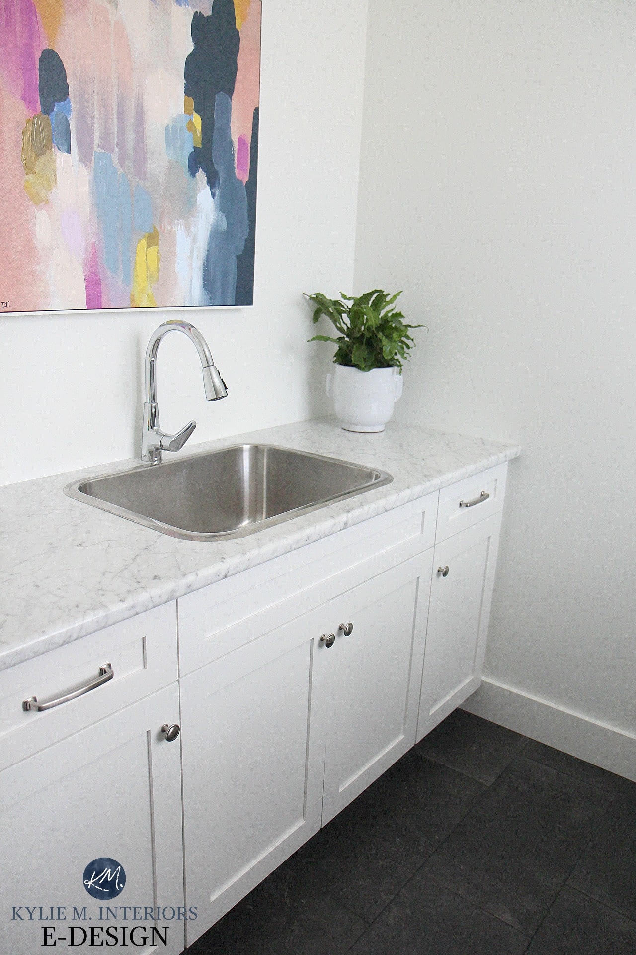 Laundry room mudroom with Formica laminate countertop Carrara Bianco, marble look. Pure White walls and cabinets. Kylie M Interiors Edesign, online paint colour blogger