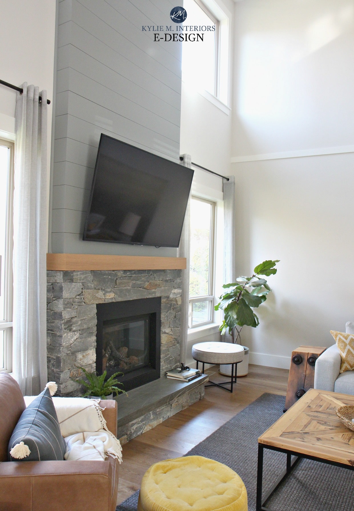 Living room, stone fireplace, shiplap, TV. Tall ceilings, Benjamin
