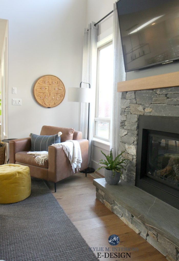 Living room, stone fireplace, shiplap, TV. Tall ceilings, Benjamin Edgecomb Gray best greige. Sherwin Ellie Gray Kylie M Interiors Edesign, online expert. DIY Decorating and design ideas