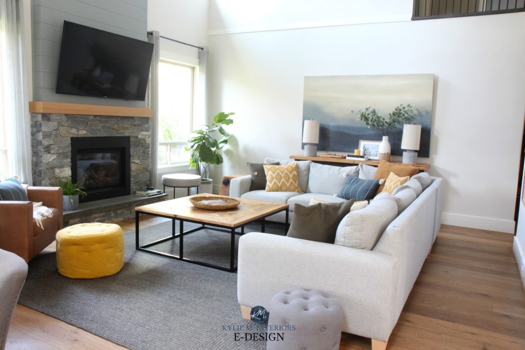 Living room, stone fireplace, shiplap, TV. Tall ceilings, Benjamin Edgecomb Gray best greige. Sherwin Ellie Gray Kylie M Interiors Edesign, online expert. DIY Decorating and design ideas