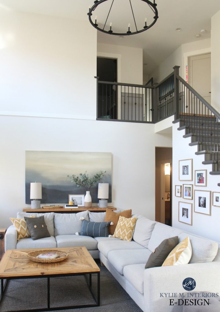 Living room, tall ceiling, vaulted, Benjamin Moore Edgecomb Gray best greige and White Dove. Sherwin Urbane Bronze painted stair railing. Kylie M Interiors Edesign, DIY Decorating, color ideas (1)