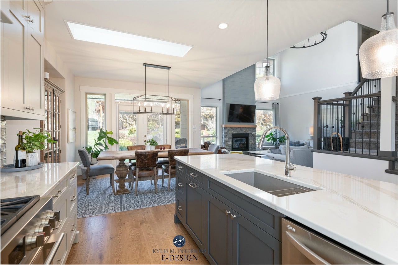 DIY Decorating and Design ideas.Open layout, Cambria Brittanica Warm countertop, greige walls, painted cabinets, modern farmhouse. Kylie M Interiors Edesign