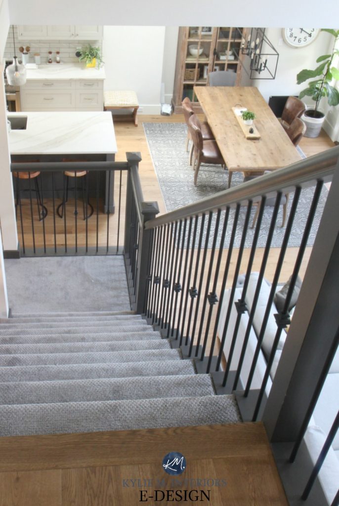 Open staircase layout, carpet stairs, painted stair railing, Sherwin Urbane Bronze, Benjamin Edgecomb Gray. Kylie M Interiors Edesign, online (1)