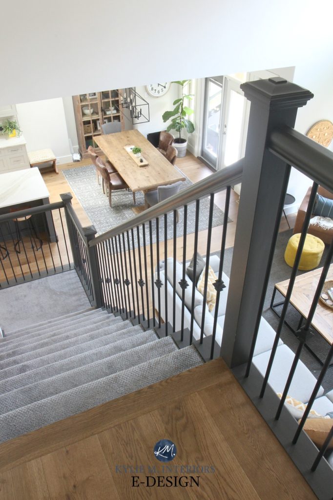 Open staircase layout, carpet stairs, painted stair railing, Sherwin Urbane Bronze, Benjamin Edgecomb Gray. Kylie M Interiors Edesign, online. DIY Decorating and design ideas blogger