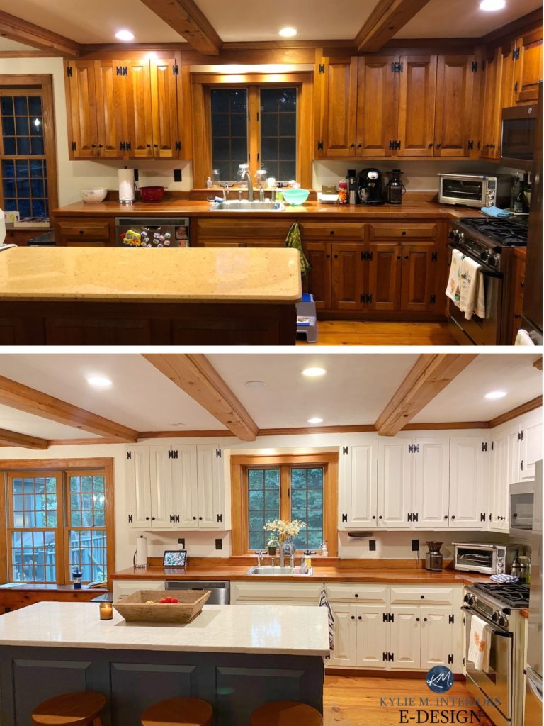Before after painted wood cabinets, Benjamin Moore Navajo White cream color. Kylie M Interiors Edesign, country kitchen