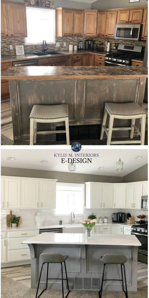 Before and after oak kitchen update, painted cabinet Benjamin White Dove, island Dovetail, white quartz. Kylie M Interiors Edesign, online paint color consulting
