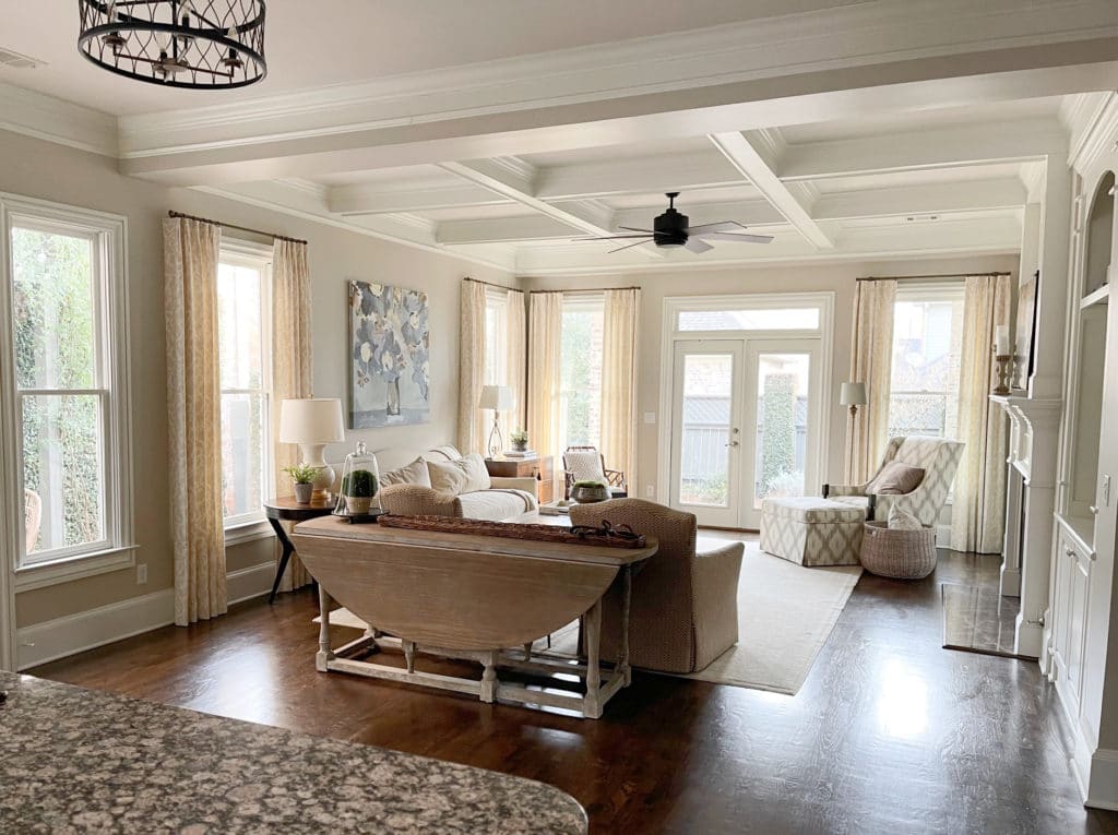 Best beige paint, Accessible Beige by Sherwin. Living room, coffered ceilings, wood floor. Kylie M Interiors Edesign, diy decor. client photo