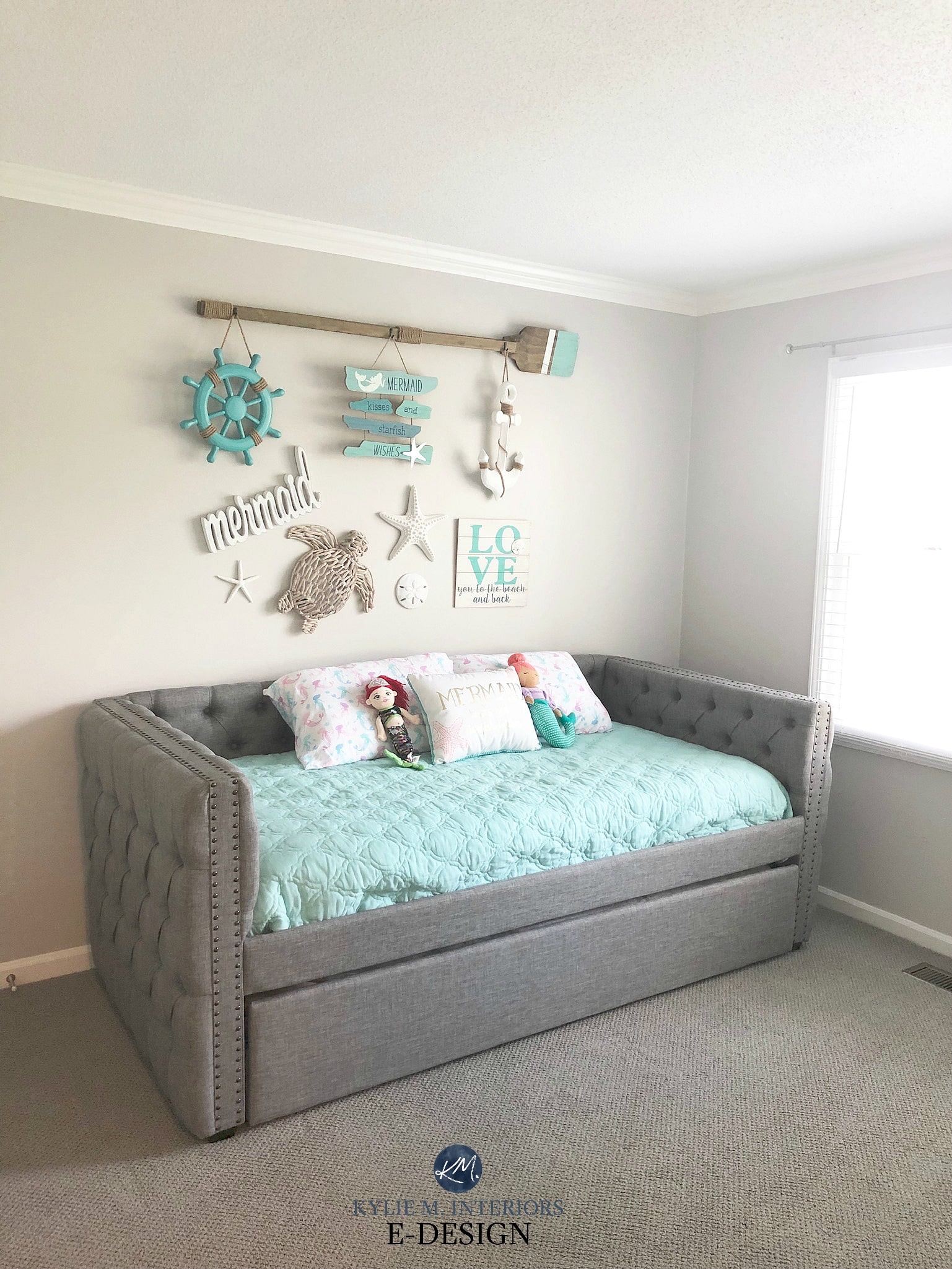 Cute Coastal Beach Style Guest Bedroom With Teal And Gray And