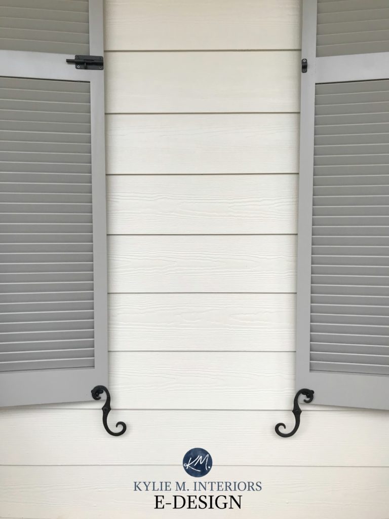 Exterior siding paint Benjamin Moore Revere Pewter with Graystone Shutters. Kylie M Interiors Edesign, online paint color consulting