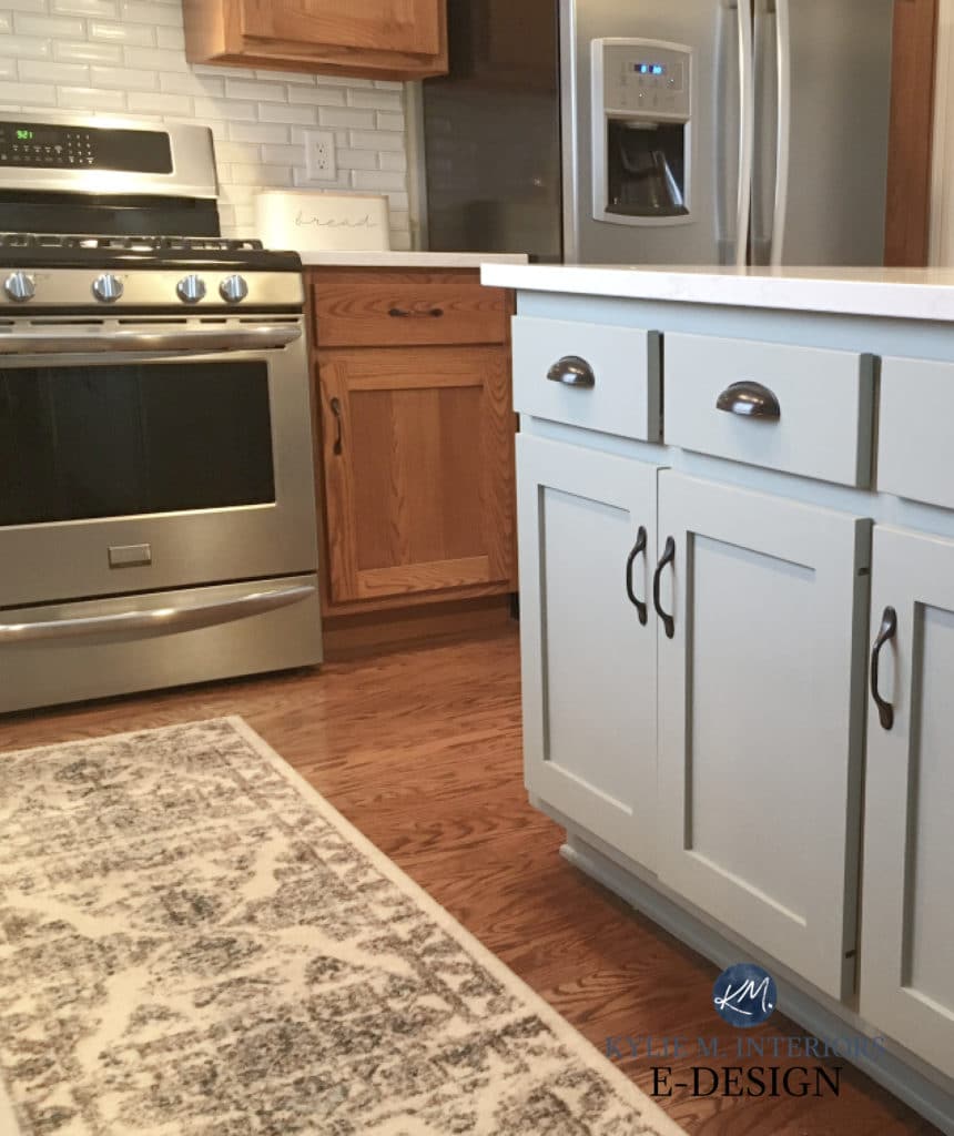 Oak kitchen island painted Sherwin Comfort Gray, white quartz countertop. Update ideas Kylie M Interiors DIY decorating and paint color blogger