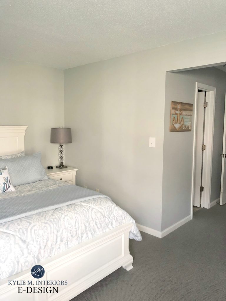 Sherwin Williams Tinsmith, best gray paint colour in guest or master bedroom with gray carpet and cream colored furniture. Kylie M Interiors Edesign, online paint color consultant
