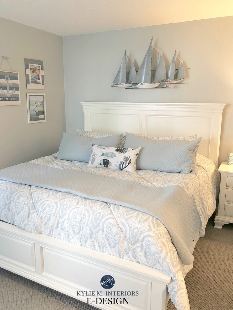 The best gray paint colour, coastal beachy theme, Sherwin Williams in bedroom with white furniture. Kylie M Interiors Edesign, online paint colour consulting online blog