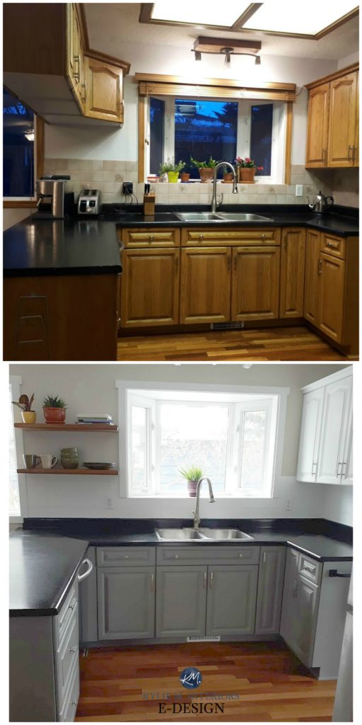 Before and after, budget friendly kitchen update ideas. Painted oak cabinets in gray and white Benjamin Moore colors. Kylie M Interiors Edesign, online paint colour advice blog