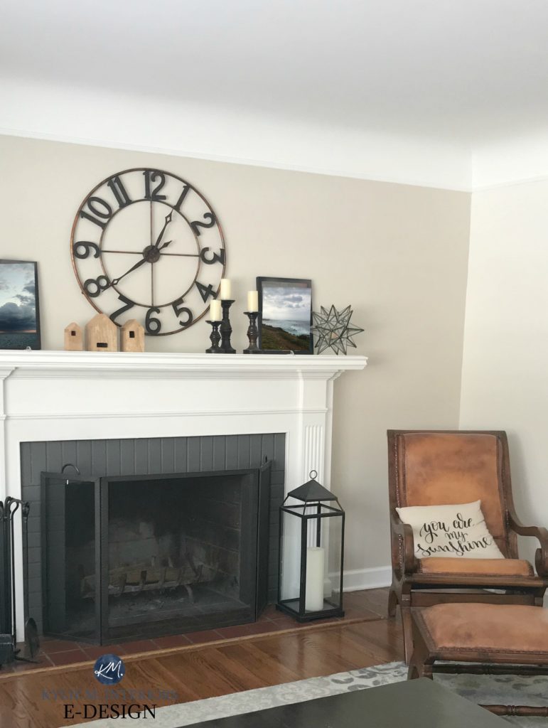 Benjamin Moore Edgecomb Gray, best greige neutral paint colour. Mantel decor, painted brick fireplace, leather chair. Kylie M Interiors Edesign, online paint color consulting services