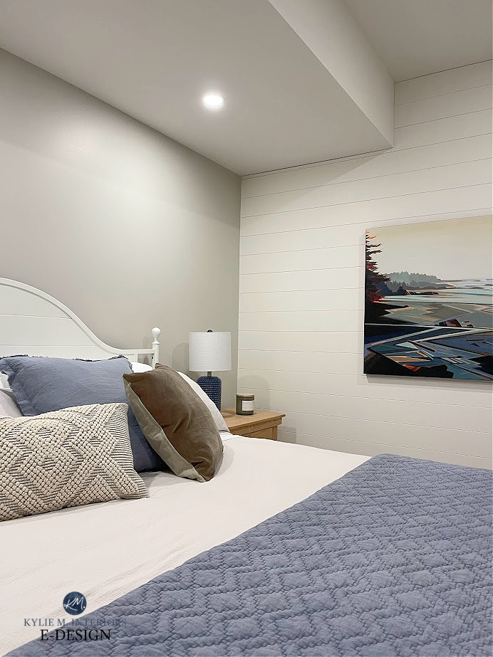 Benjamin Moore Gossamer Veil in guest bedroom, white metal headboard, blue gray accents, White Dove shiplap accent wall. Kylie M Interiors Edesign