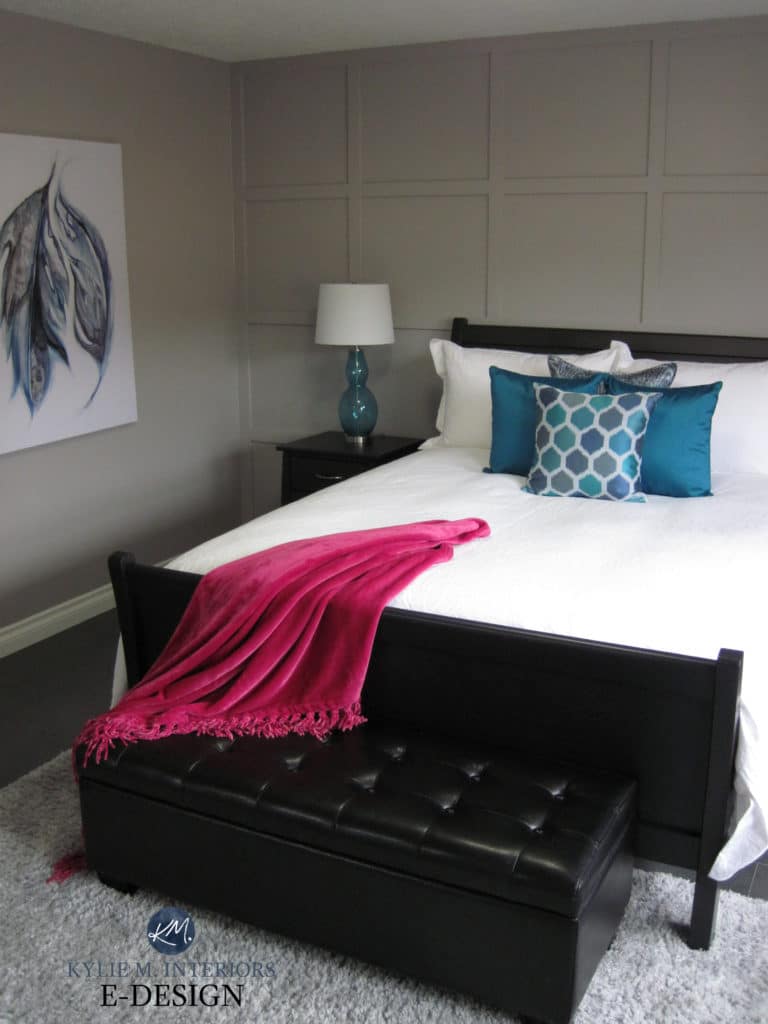 Best medium gray paint colour, Sherwin Williams Dovetail (similar). Red and teal accents in bedrom with grid feature or accent wall. Kylie M INteriors Edesign, client photo