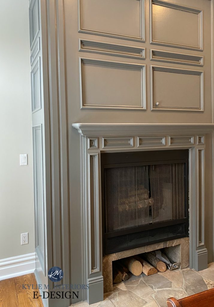 Fireplace surround and builtin cabinets painted Benjamin Moore Amherst Gray, Revere Pewter walls, slate hearth. Kylie M Interiors Edesign