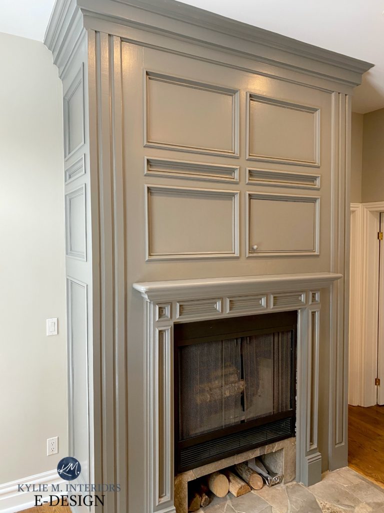 Fireplace surround and builtin painted Benjamin Moore Amherst Gray and Revere Pewter walls. Kylie M Interiors Edesign. Cabinet paint color
