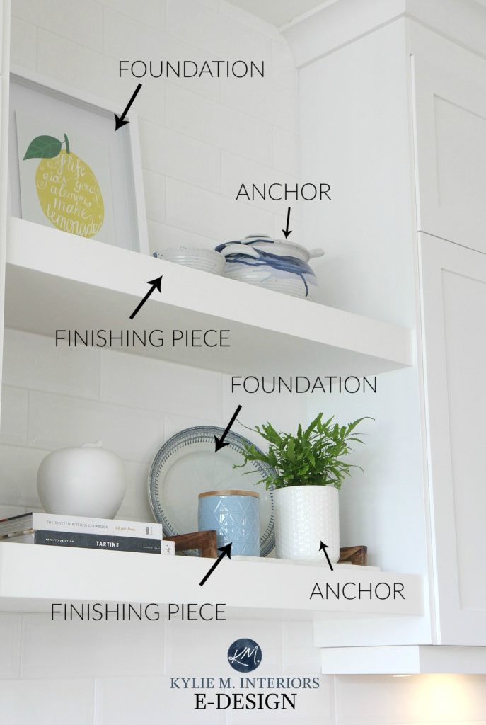 How to decorate a shelf, bookcase or mantel. Acessorizing and home decor tips. Kylie M Interiors Edesign, online paint color consulting and DIY Decorating blog