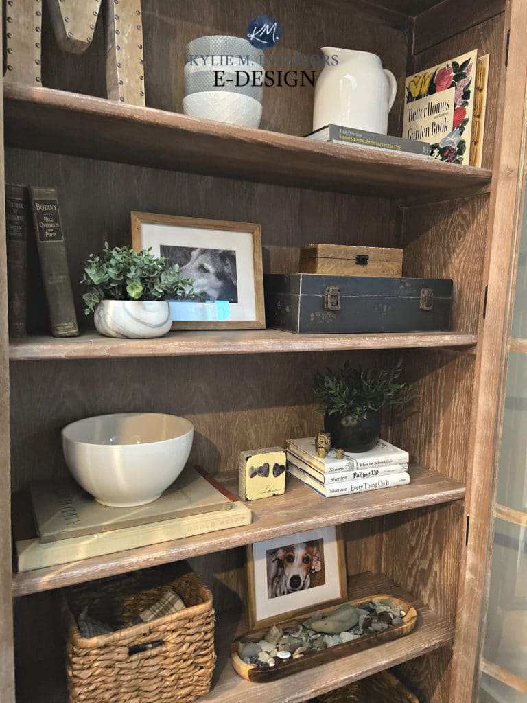 How to make a home inviting. Decorate a bookshelf with home decor. Kylie M Interiors Edesign, online paint colour and diy design blog