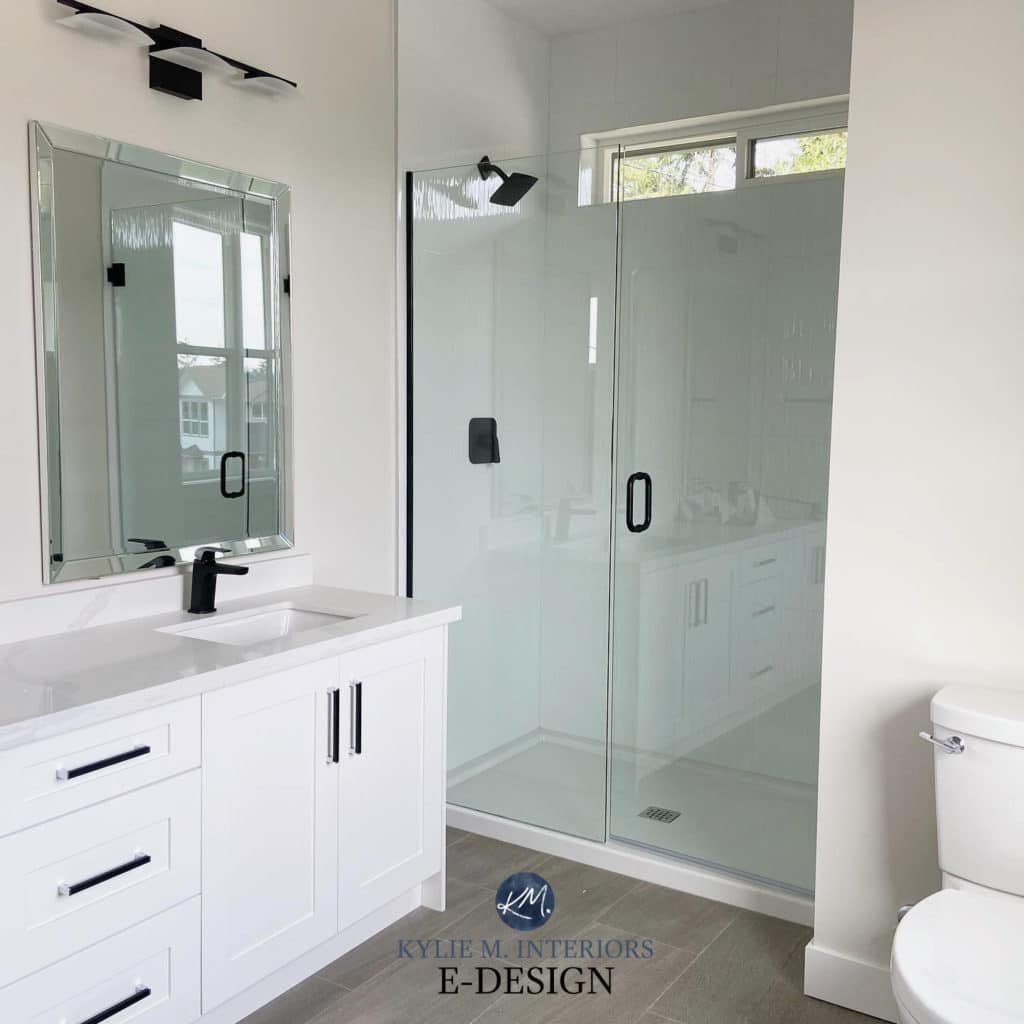 Bathroom white vanity, greige taupe tile floor, Classic Gray Benjamin Moore walls. Kylie M Interiors Edesign, diy blogger and online paint color consultant