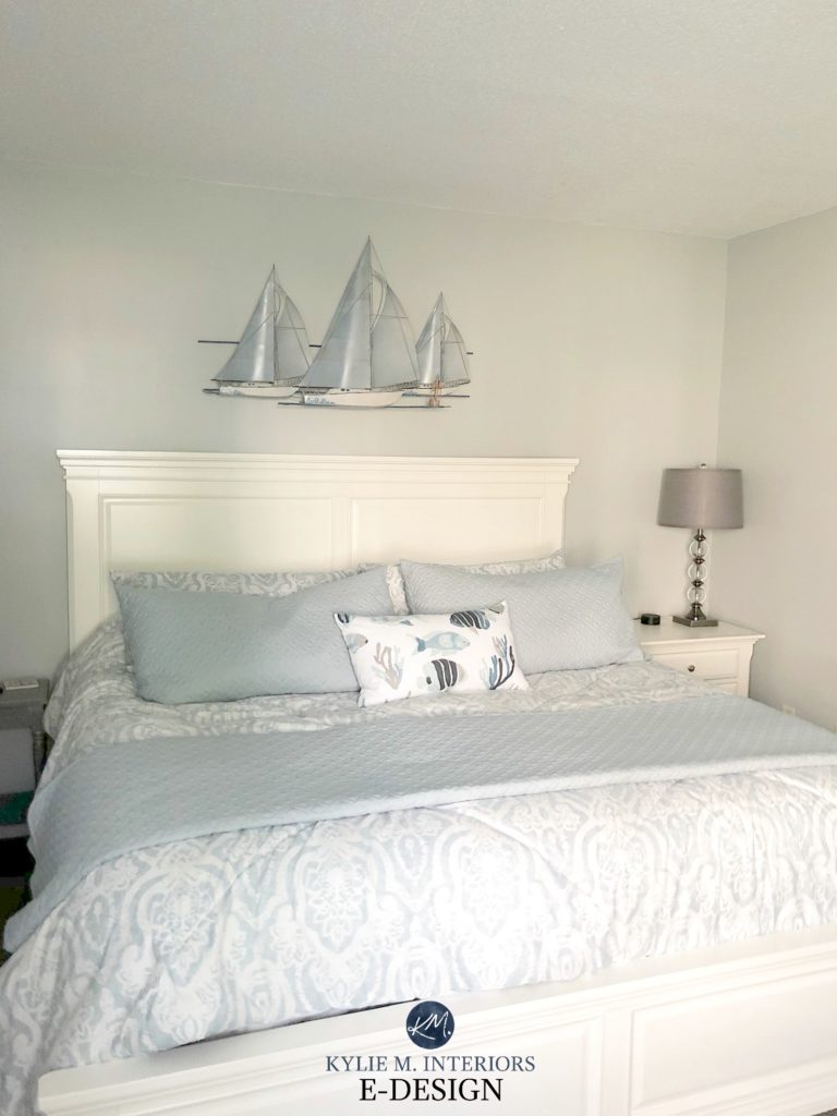 Best cool gray paint colour, Sherwin Williams Tinsmith, guest bedroom, coastal style. Kylie M Interiors Edesign 
