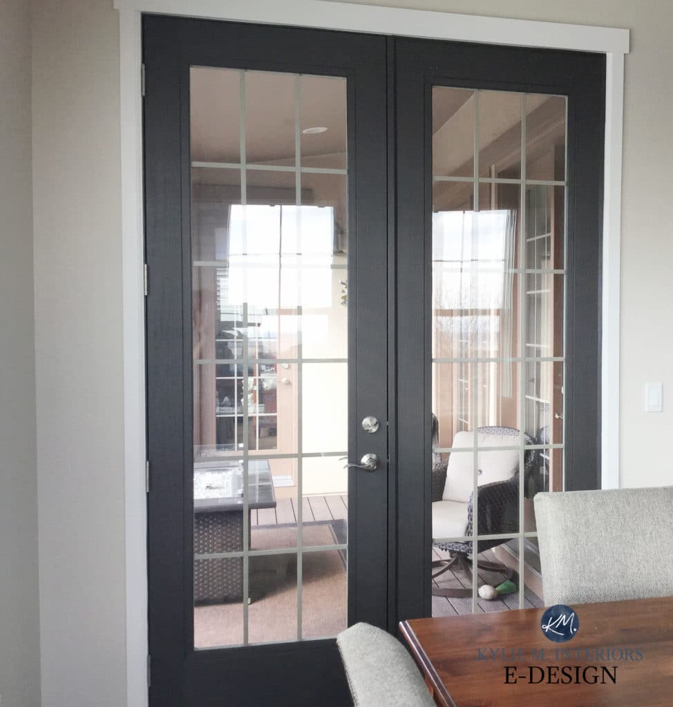 French doors painted Sherwin Williams Black Fox with Canvas Tan walls. Kylie M Edesign, popular online paint color consultant and diy expert