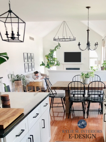 Best warm white paint colour, Sherwin Williams Alabaster, open layout kitchen, living room, dining room, best warm white paint colour, painted cabinets. Kylie M Interiors Edesign