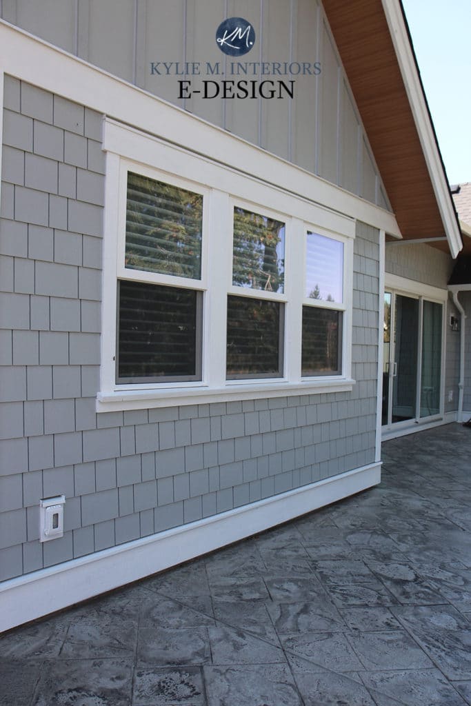 Exterior painted gray James Hardi shakes. north facing. Kylie M Interiors Edesign, best exterior paint colours