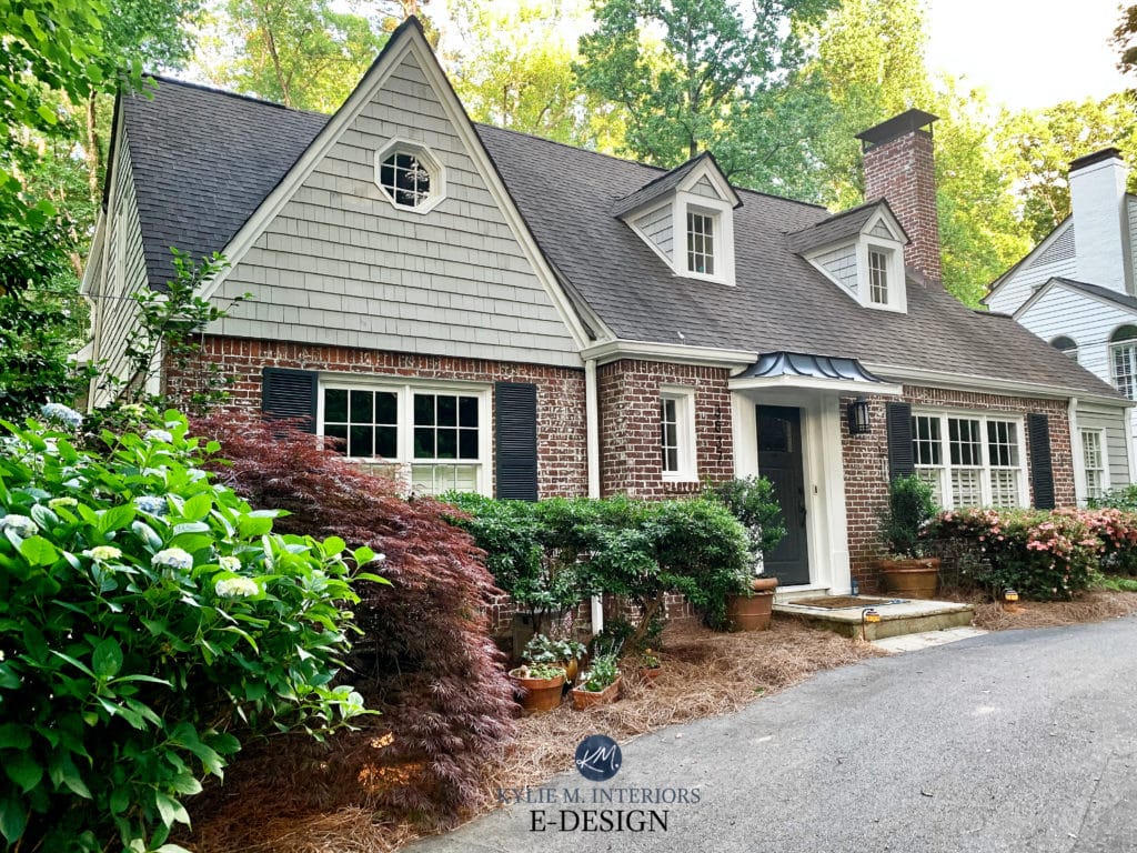 Exterior, shakes, shutters. Sherwin Williams best gray, Knitting Needles, Wrought Iron and Pure White trim with dormer windows. Kylie M Interiors Edesign, online paint color advice (2)