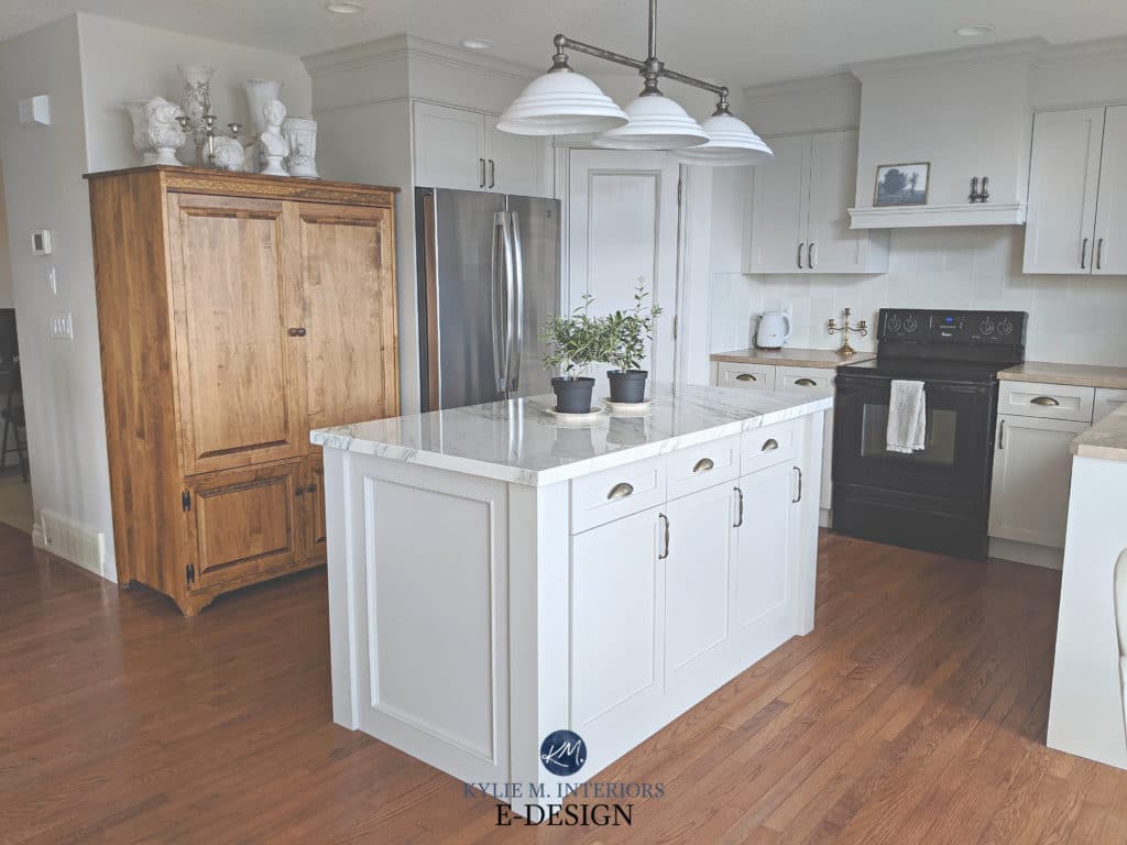 Painted maple wood kitchen cabinets, Sherwin Agreeable Gray and Benjamin Classic Gray. Marble island, beige formica countertops. Kylie M Interiors Edesign (2)